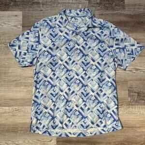 Tommy Bahama Blue Geometric Casual Button Up Short Sleeve Shirt 100% Silk Sz Med